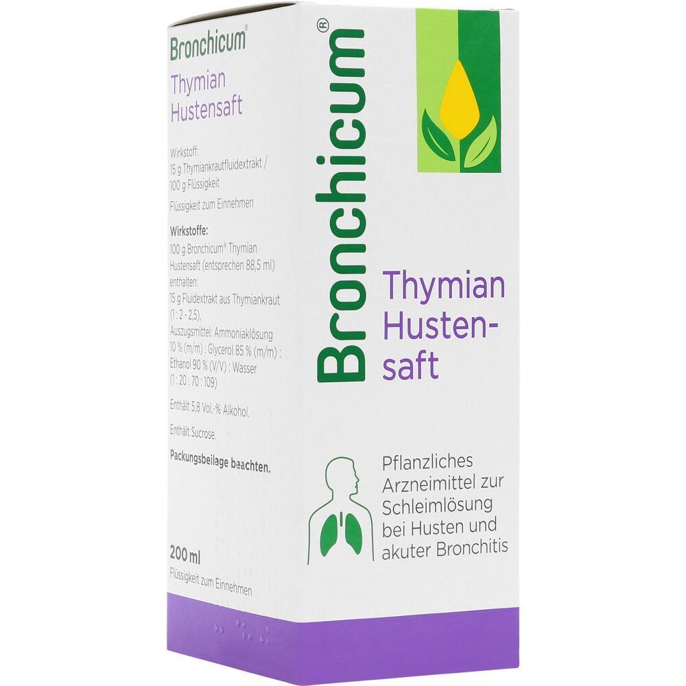 Weiße Verpackung mit Aufschrift "Bronchicum Thymian Hustensaft" für Husten und Bronchitis.