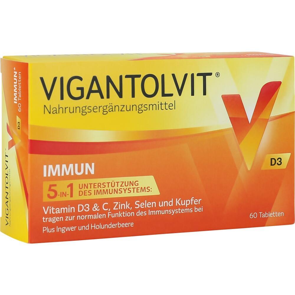 Eine gelb-orange Packung mit Nahrungsergänzungsmitteln für das Immunsystem.