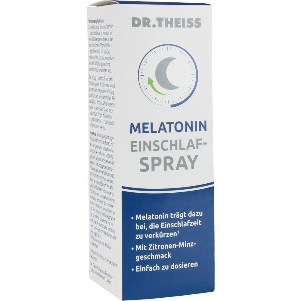 Eine Packung Melatonin-Einschlafspray von Dr.Theiss mit Zitronen-Minze-Geschmack.