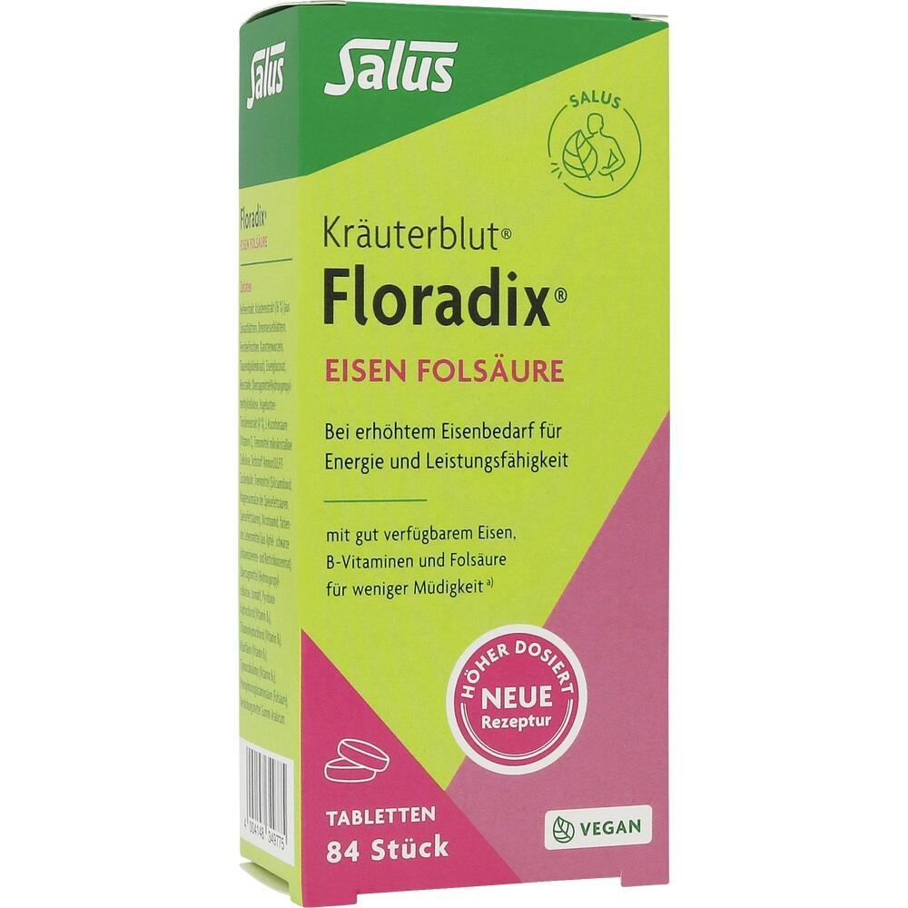 Schachtel mit Floradix Kräuterblut Tabletten für Eisen und Folsäure, vegan, 84 Stück.