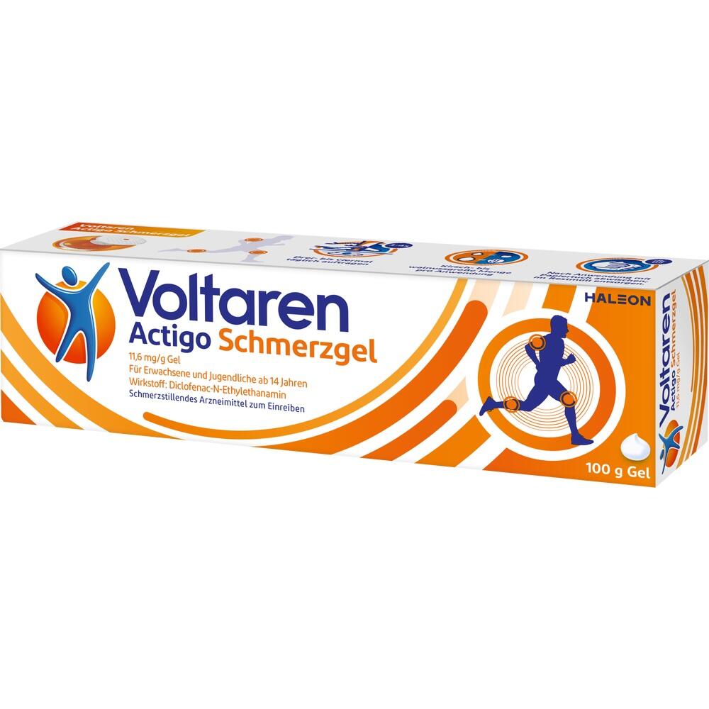 Wei&szlig;e Verpackung von Voltaren Schmerzgel mit blauen und orangefarbenen Mustern.