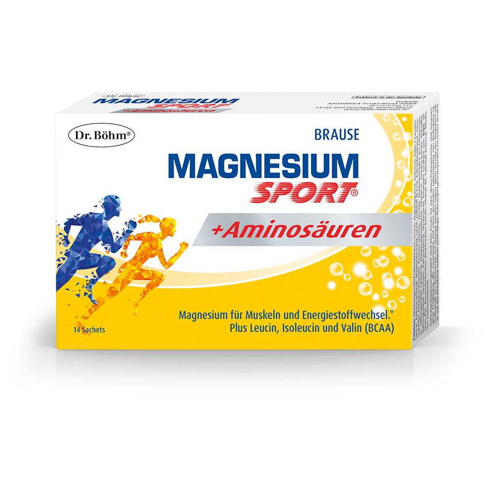 Auf der Verpackung sind zwei bunte, laufende Figuren und der Text "Magnesium Sport + Aminos&auml;uren".
